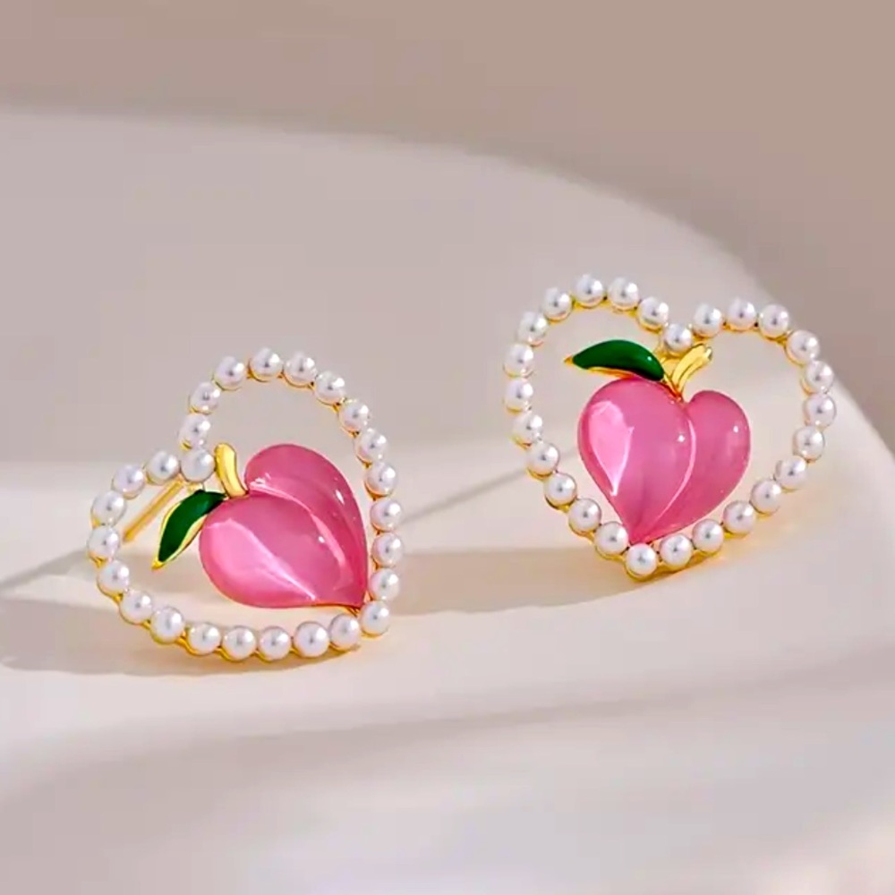 Pink Peach Pearl Heart Earrings